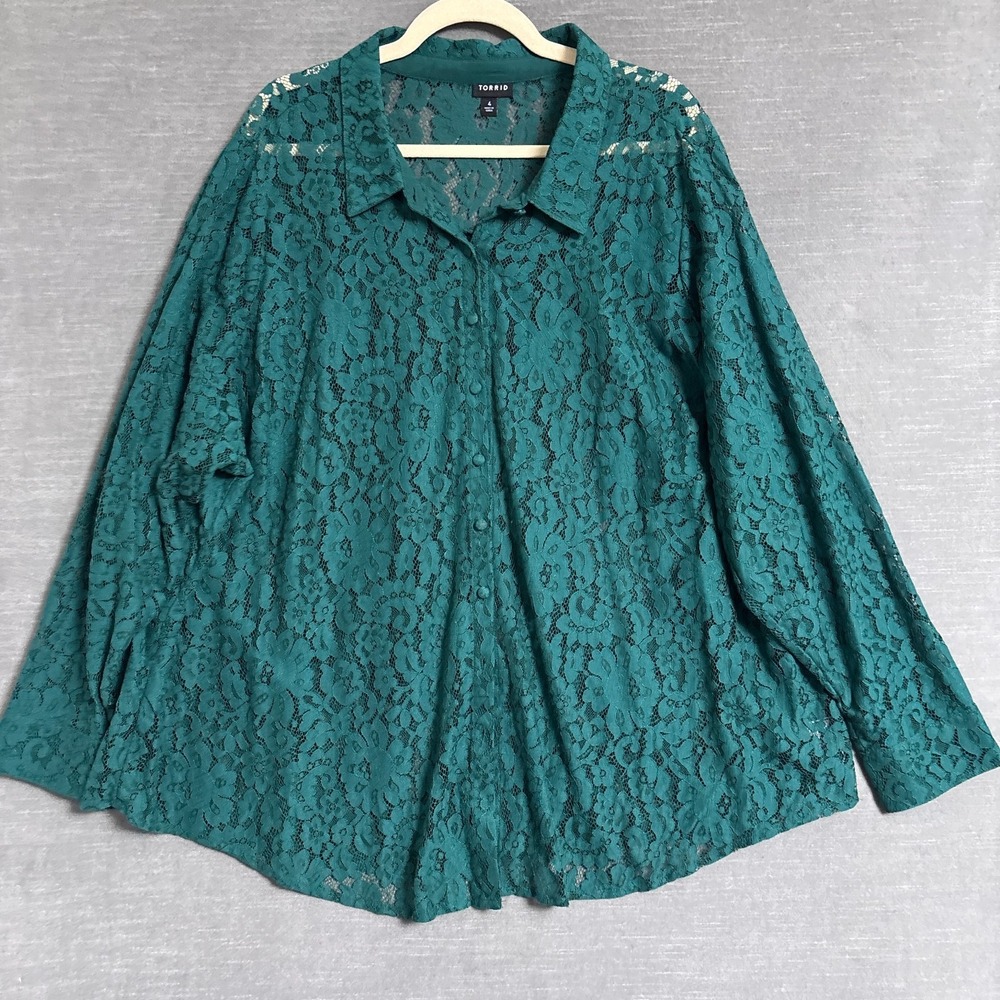 Torrid Top 4X Green Lace Sheer Tunic Button Long Sleeve‎ Casual Cocktail Evening
